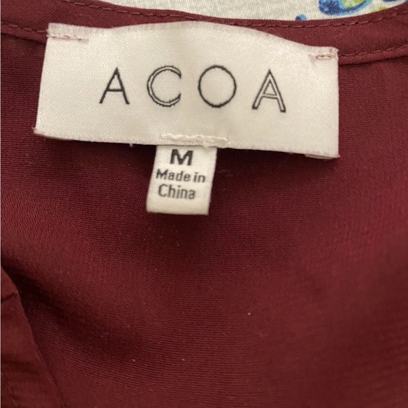 ACOA Solid Burgundy Polyester V-Neck Long Sleeve Blouse Size Medium - Picture 4 of 5